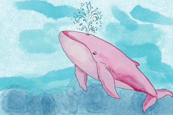 Pembe bir balina okyanusta yüzer ve zıplar Sırtından su püskürterek tatlı bir su altı karikatürü sahnesinde.