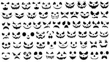 Ürkütücü balkabağı gülüşü ve beyaz arka planda çeşitli duygular. Bayram Cadılar Bayramı için tasarım. Cadılar Bayramı yüz seti. Vektör illüstrasyonu.