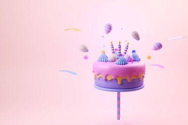Doğum günü pastası ve yıldönümü mor bir mum ve uçan yumurta 3D resimle.