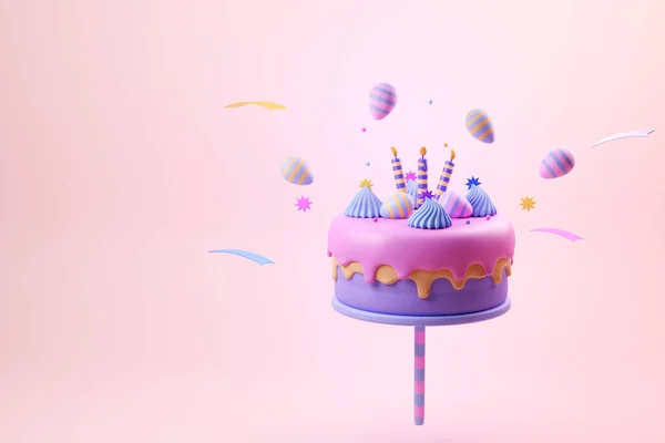 Torta Compleanno Anniversario Con Una Candela Viola Uovo Volante Illustrazione — Foto Stock