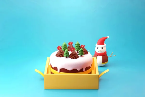 Noel pastası, doğum günü ve mavi arka planda renkli balon 3D resimli sarı hediye kutusu kutlaması.