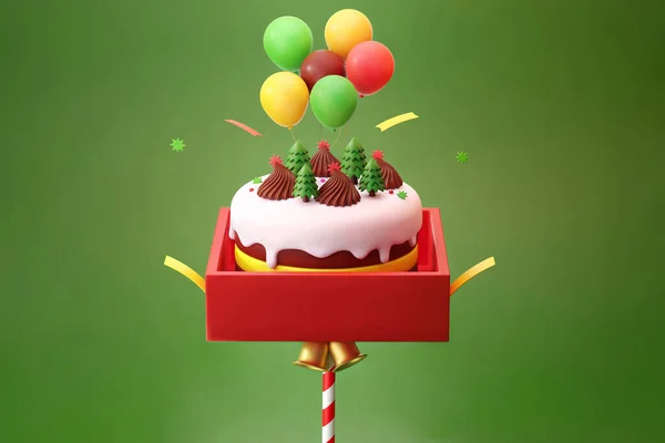 赤いギフトボックスの上に白いアイシングとカラフルな風船でクリスマスチョコレートケーキポップ3Dイラスト — ストック写真