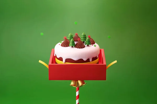 赤いギフトボックス要素と広告のための緑の背景3Dイラストと金の鐘でクリスマスケーキポップ — ストック写真