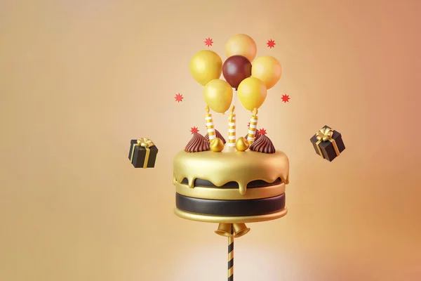 ゴールドケーキの誕生日 風船と空飛ぶギフトボックス要素3Dイラストでお祝い — ストック写真