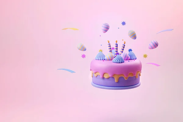 飛ぶ誕生日ケーキと記念日でかわいい卵のためのイースター日3Dイラスト — ストック写真