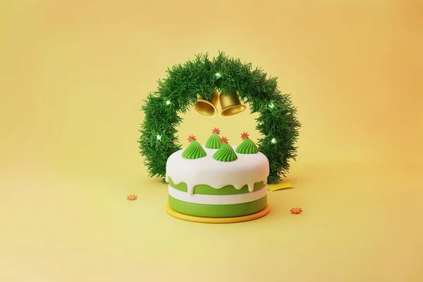緑の花輪と金の鐘の装飾のクリスマスケーキ3Dイラスト — ストック写真