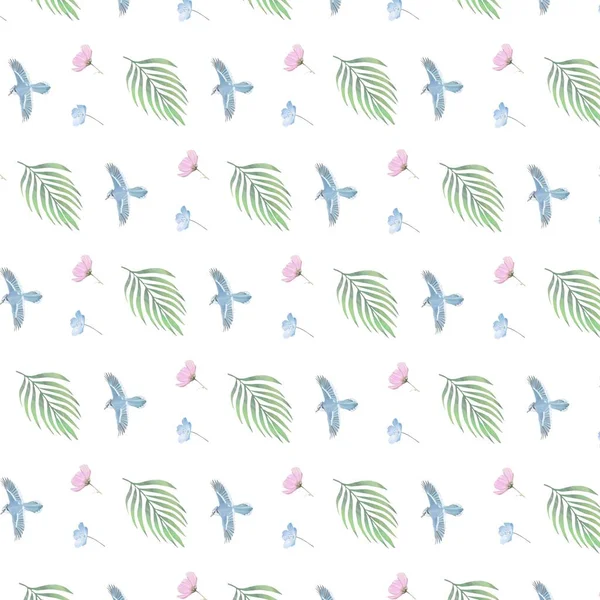 Pattern painting plants leaves, flowers and birds in soft colours 5000x5000px white background