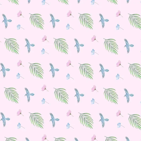 Pattern painting plants leaves, flowers and birds in soft colours 5000x5000px pink background