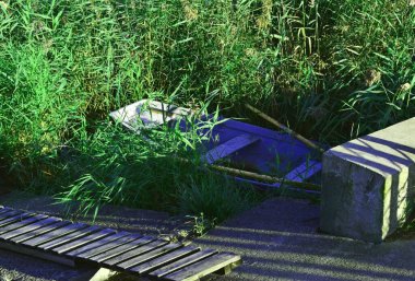 Güneşli bir günde sazlıkların ortasında kürek çeken terk edilmiş eski bir tekne. Fotoğraf huzur, huzur ve zarafet taşıyor..