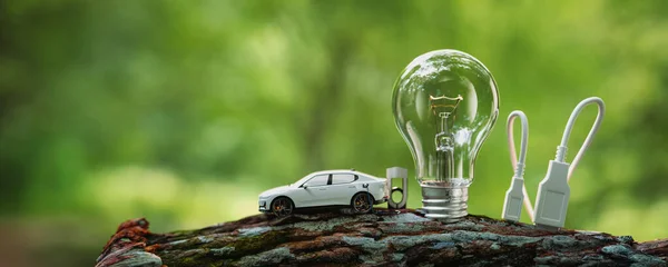 Bil Elfordon Lampa Och Laddning Från Naturlig Energi Render Och — Stockfoto