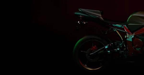 Lado Motor Grande Luxo Bicicleta Bela Moto Fundo Escuro Renderização — Fotografia de Stock