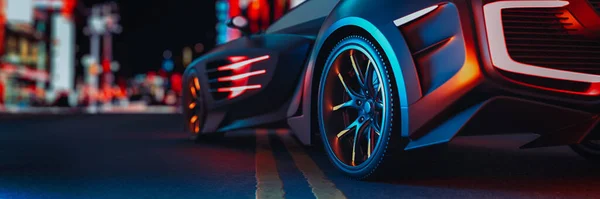 街の夜の高級黒車側高品質のエンジンスポーツ合金ホイール 3Dレンダリングとイラスト — ストック写真