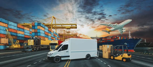 Logistiek Vervoer Van Containerschepen Vrachtvliegtuigen Met Brugkraan Scheepswerf — Stockfoto