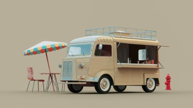 Yemek kamyonu ve az kremalı yemek masası ile yemek yapmaya hazır.