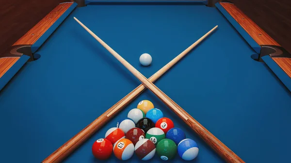 Multi Colored Billiard Balls Billiard Table Cue Sticks Blue Cloth — Stock Photo, Image