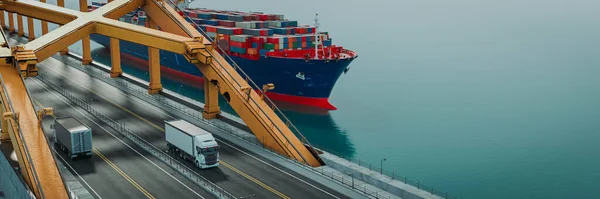 用卡车过河运输货物 大型集装箱的船舶运输 三维和图解 — 图库照片