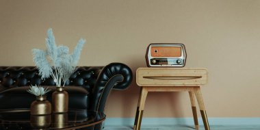 Close up luxury living room inside the condo with modern interior design, black leather sofa, coffee table, audio system. 3d render and illustration.