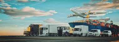 Logistics import export of containers cargo freight ship, truck transport container on highway at port cargo shipping dock yard , plane, transportation industry concept 3d render and illustration