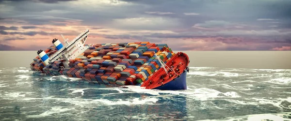 The cargo ship suffered an accident sinking into the sea. 3d rendering and illustration
