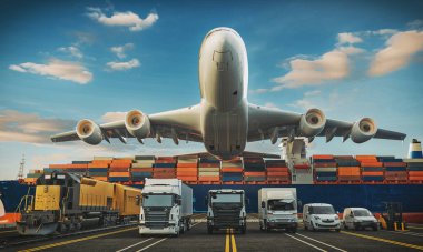 Transport trucks of various sizes ready to ship With a transport plane, the background is a container, a logistics concept.3d render and illustration. clipart