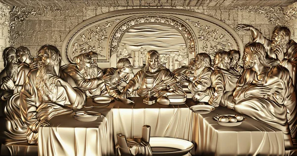 Utolsó Vacsora Szobor Arany Textúrával Van Fény Árnyék Renderelés Illusztráció — Stock Fotó