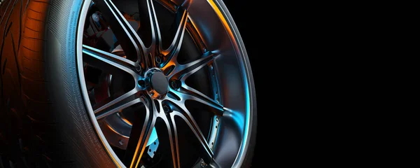 Close-up photo of a car wheel in the black background studio. 3d render and illustration.