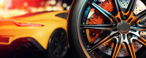 Nahaufnahme Foto Von Autorädern Hintergrund Gelber Luxus Sportwagen Darstellung Und — Stockfoto