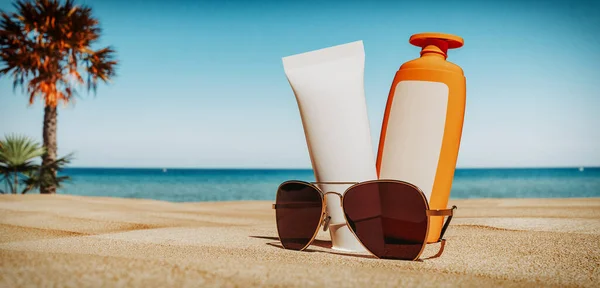Sonnenbrille Und Sonnencreme Strand Sommer Bilden Den Hintergrund Für Das — Stockfoto