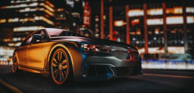 Gece siyah lüks bir spor arabanın yan görüntüsü, arka plan, ışıklarla dolu büyük bir şehir..