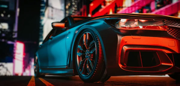 Seitenansicht Eines Schwarzen Luxus Sportwagens Bei Nacht Hintergrund Große Stadt — Stockfoto