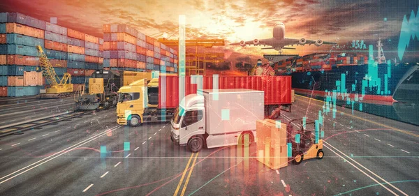 各种型号的运输卡车随时可由运输机运送 背景是一个容器 和股市图解物流概念 3D渲染和说明 — 图库照片