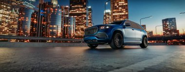 Araba, lüks, koyu mavi renk, yolda, şehirde, arka planda, birçok ışığı olan büyük şehir. ve gayrimenkul binaları, 3D tasarım ve resimleme