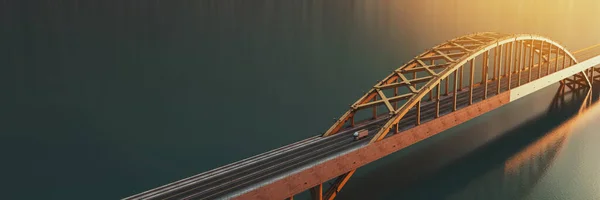 A suspension bridge crosses the ocean from a bird\'s eye view, and trucks are passing by in the evening. 3d rendering and illustration