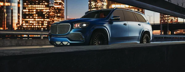 Araba tarafı, lüks, koyu mavi renkli, yolda, şehirde, arka planda, birçok ışığı olan büyük şehir. ve gayrimenkul binaları, 3D tasarım ve resimleme