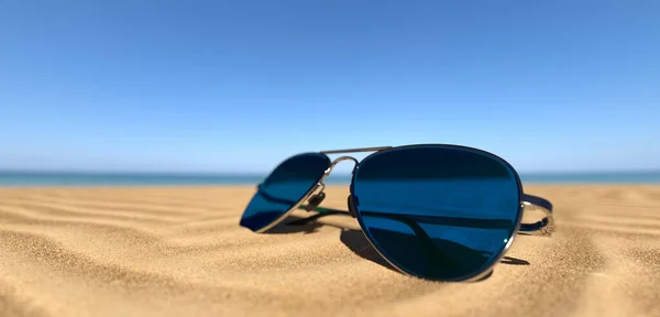 Close Sunglasses Sandy Beach Sea Sky Background Concept Travel Holidays — Stock Photo, Image