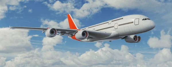 Biały Samolot Startuje Niebie Pasażerami Środku Tło Niebo Renderingi Ilustracje — Zdjęcie stockowe