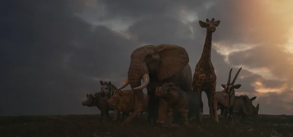 Grande Gruppo Animali Africani Giraffe Leoni Elefanti Scimmie Altri Stanno — Foto Stock
