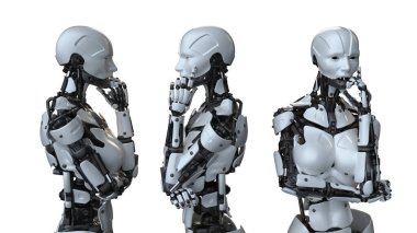 İnsan yapımı beyaz yapay zeka robotu gelecekteki kolaylıkları, üç boyutlu sunumları ve çizimleri karşılamak için..