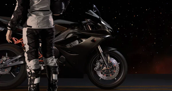 骑摩托车 身穿安全服的骑手站在公路上一辆超速行驶的摩托车旁边 — 图库照片