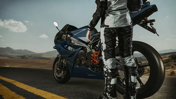 骑摩托车的人穿着安全服 站在路上一辆超速行驶的摩托车旁边 3D渲染和说明 — 图库照片