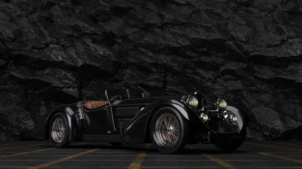 Zwarte Luxe Klassieke Auto Hoge Berg Achtergrond Renderings Illustraties — Stockfoto