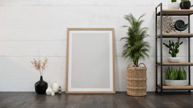 Şık bir sandalyesi, ahşap masası, çiçekleri, masa lambası, poster çerçevesi, makrome ve zarif aksesuarları olan bir oturma odası tasarlayın. Şık bir ev dekoru. Şablon. beyaz duvarlar.