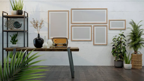 スタイリッシュな椅子や木製の机 テーブルランプ モックアップポスターフレーム マクラムとエレガントなアクセサリーとリビングルームのデザインホームインテリア スタイリッシュな家の装飾 テンプレート 白い壁 — ストック写真