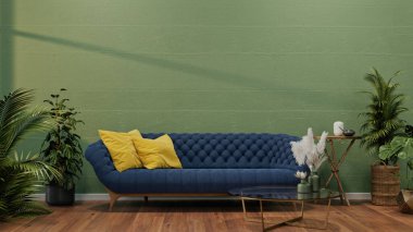 Parlak yeşil aksanlı duvarı ve parlak mavi kanepesi olan modern oturma odası. Etrafı ağaçlarla çevrili, doğal bir his veriyor. 3d görüntüleme ve resimleme