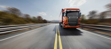 Kamyon otobanda çalışır. Lojistik, kamyon, yol, 3D çizim ve illüstrasyon.