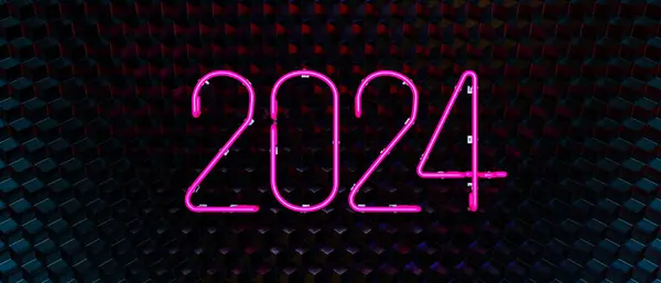 2024 Insegna Neon Con Luci Partito Rendering Illustrazione — Foto Stock