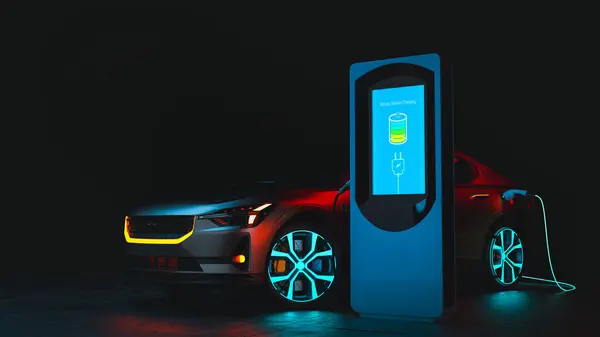 EV Car or Electric vehicle at charging station with the power cable supply plugged in on blurred nature with blue energy power effect. 3d, rendering, illustration,