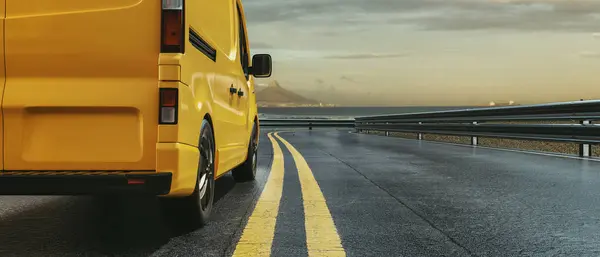 A yellow van is driving along the coastal highway. 3d, rendering, illustration,