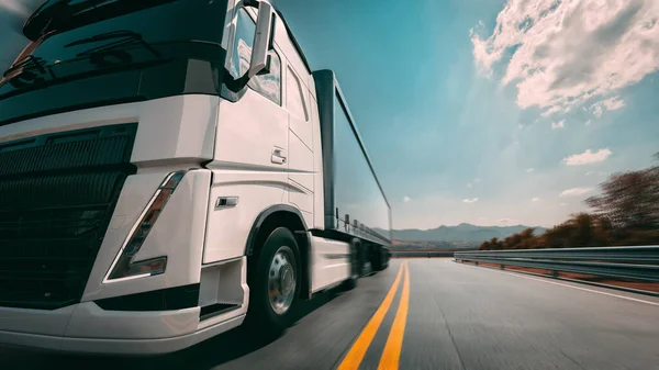 大きな白いトラックが左から右へ向かって高速道路を走っている 背後にある空は明るい青3D レンダリング イラスト — ストック写真