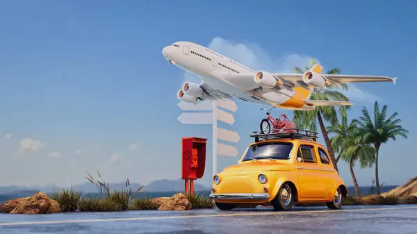 A yellow car is driving along the seaside road. There are palm trees and airplanes on the side of the road. And on the roof of the car there was a suitcase. 3d, rendering, illustration,